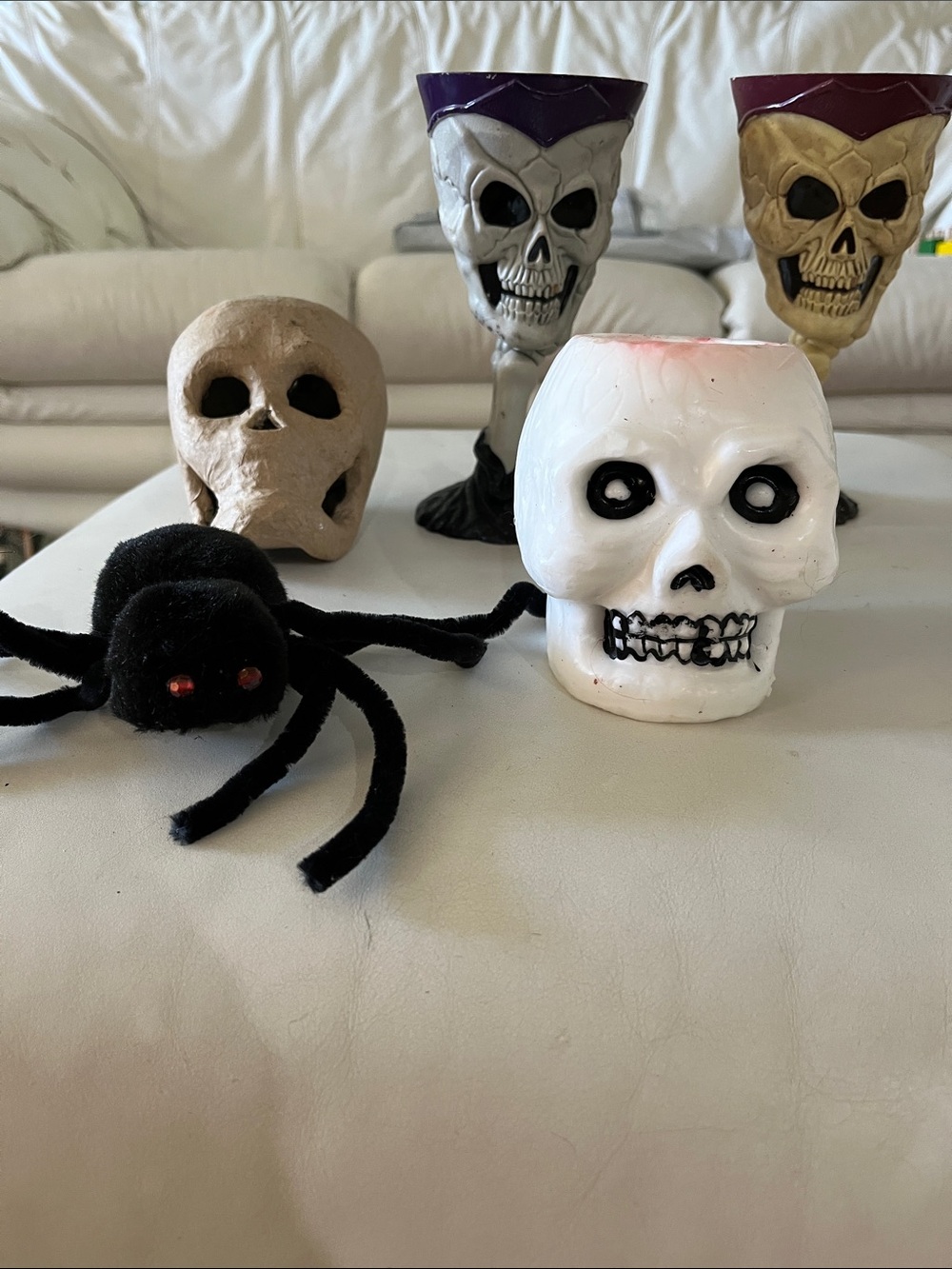 Halloween decor 5 piece total-white skull candle-4” high- goblets7” high -